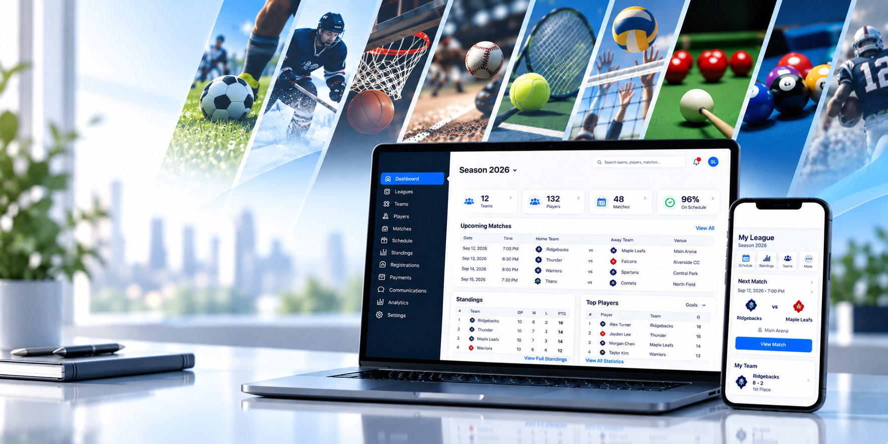 Simpleague league management dashboard shown on a laptop and mobile phone with multiple sports